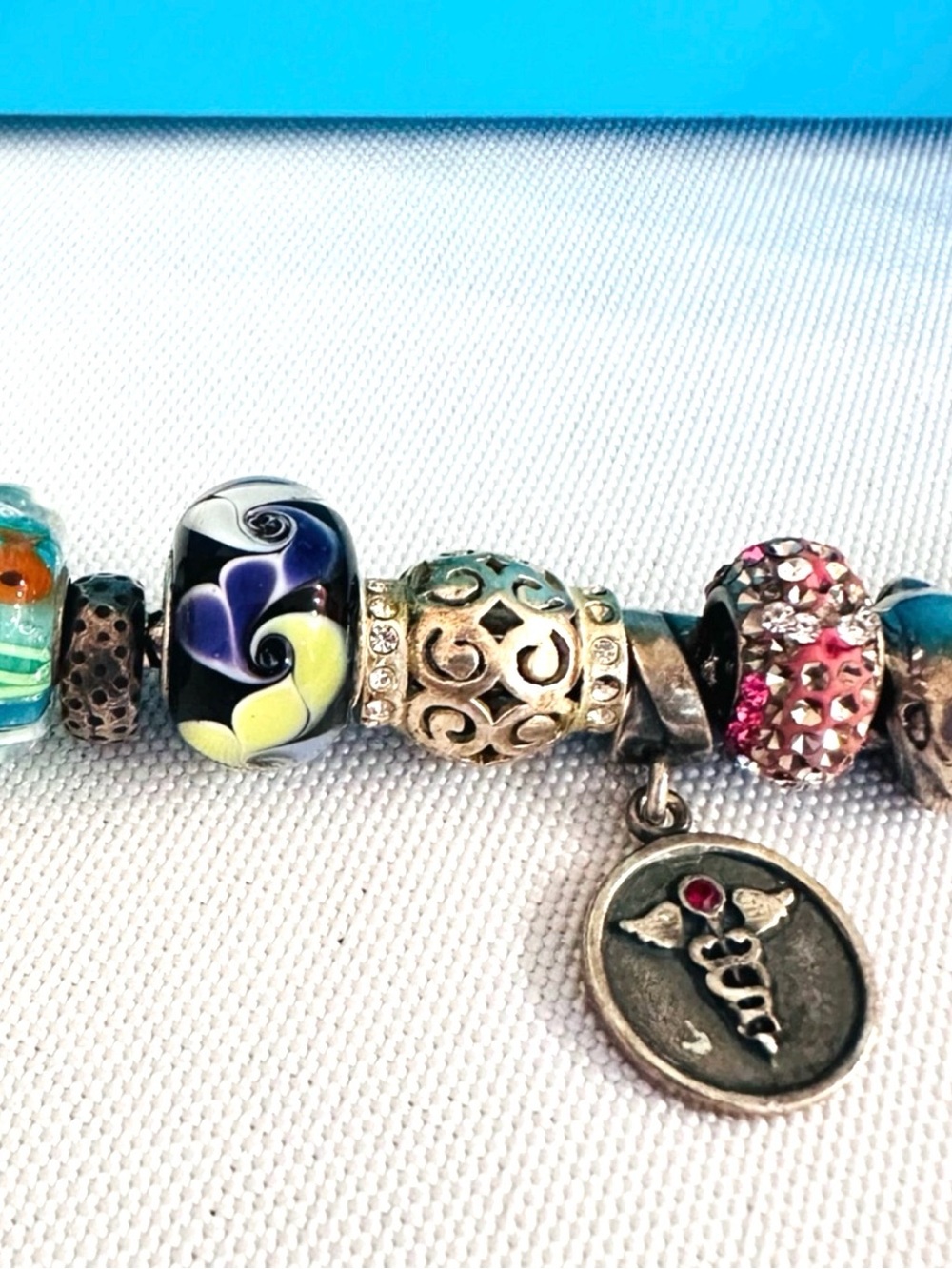 PANDORA ~ Sterling Silver Charm Bracelet w/Multi-Color Glass & Pink Ribbon Charm